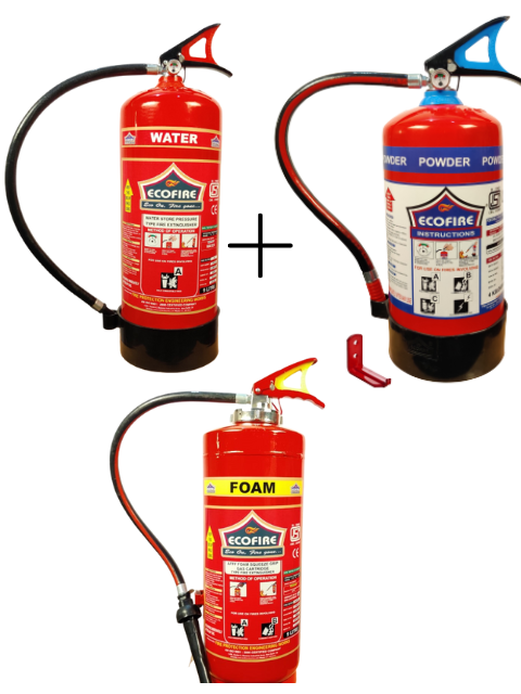 Eco Fire water Type Fire Extinguisher In Capacity 9 Ltr + M/FOAM (AFFF) Type fire extinguisher In Capacity 9 Ltr + ABC Powder Type Fire Extinguisher In Capacity 9 kg 